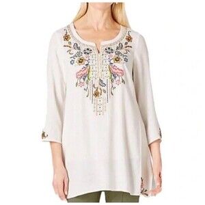 J. Jill White Floral Embroidered V-Neck Tunic Top Women's Size XL Blouse Shirt
